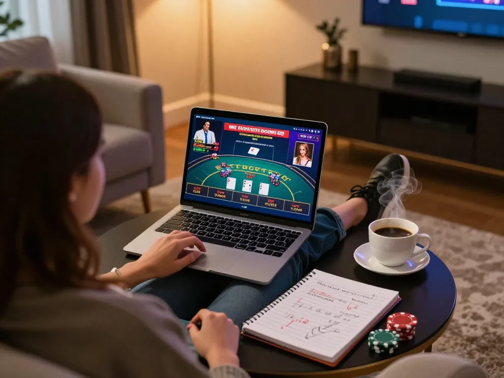 TG88 player immersed in a live dealer blackjack game on laptop, showcasing exciting online gambling experience.
