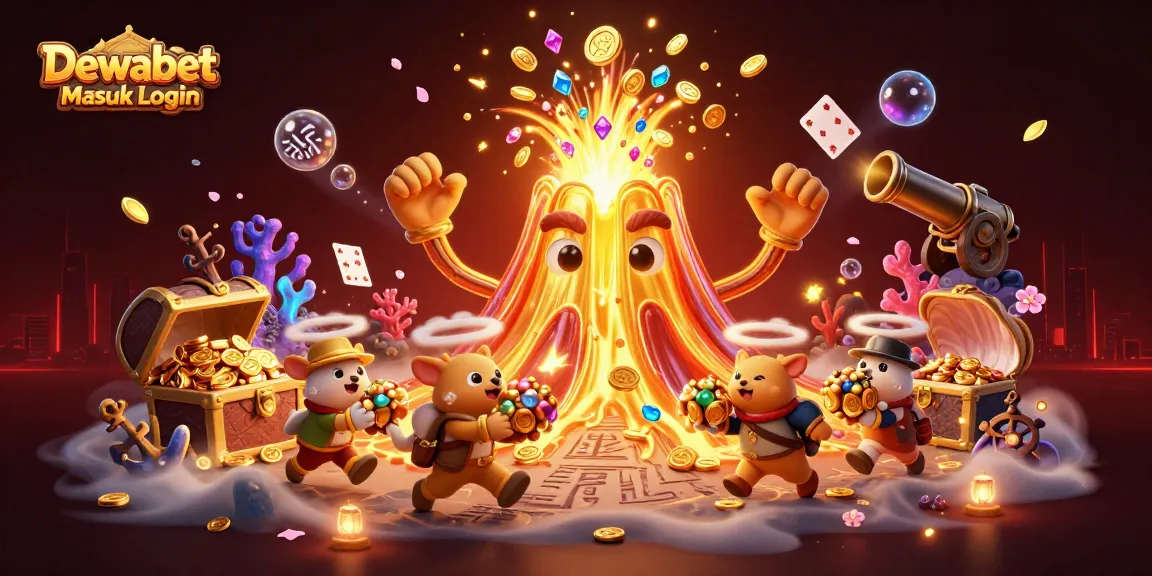 Dewabet Masuk Login features a lively 3D scene with a heroic golden volcano erupting treasures, engaging players with thrilling visuals.