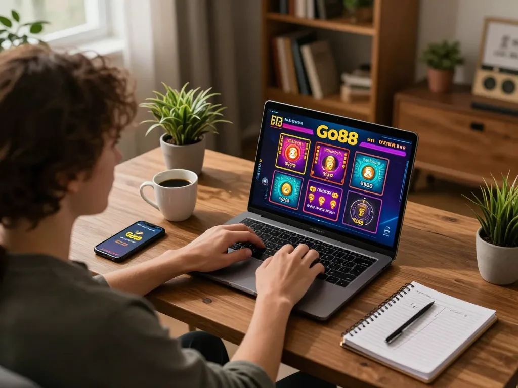 Engaging in Go88 online casino gaming at home using a laptop, with vibrant visuals and cozy atmosphere.