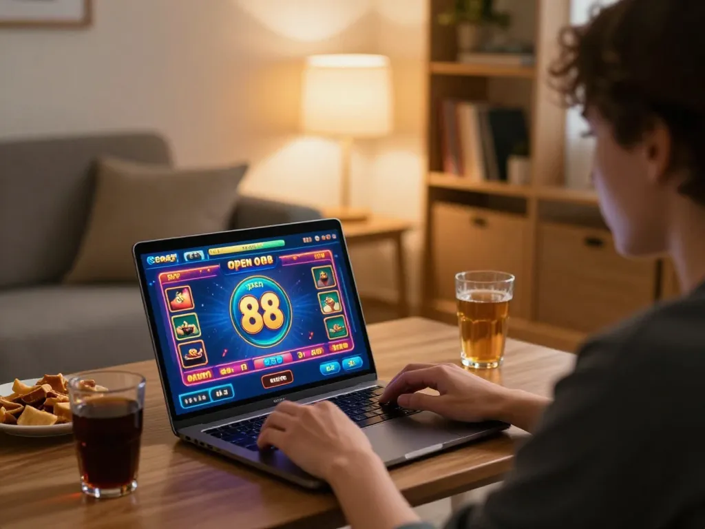 Engaging in a vibrant online casino experience with open 88 logo on laptop screen, showcasing responsible gaming.