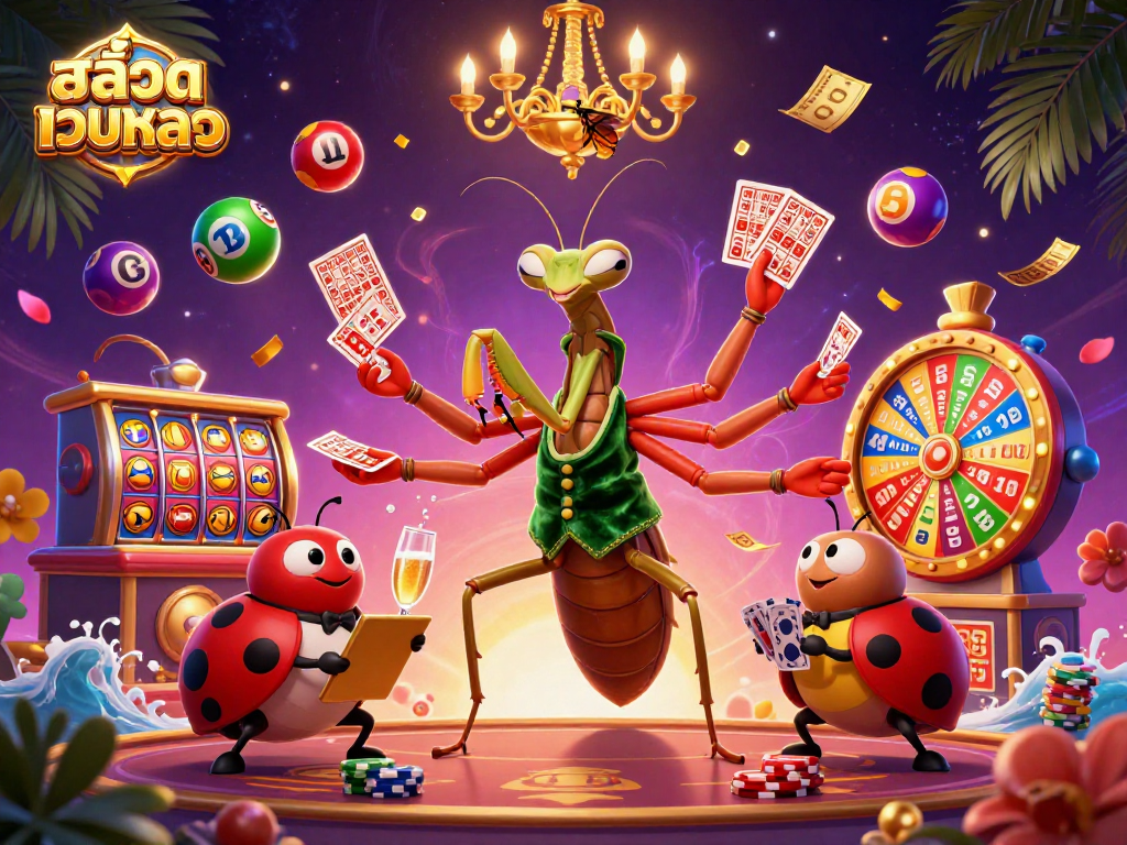Engage in สล็อตเว็บตรง fun with a giant praying mantis dealer, vibrant lottery balls, and casino elements in action.