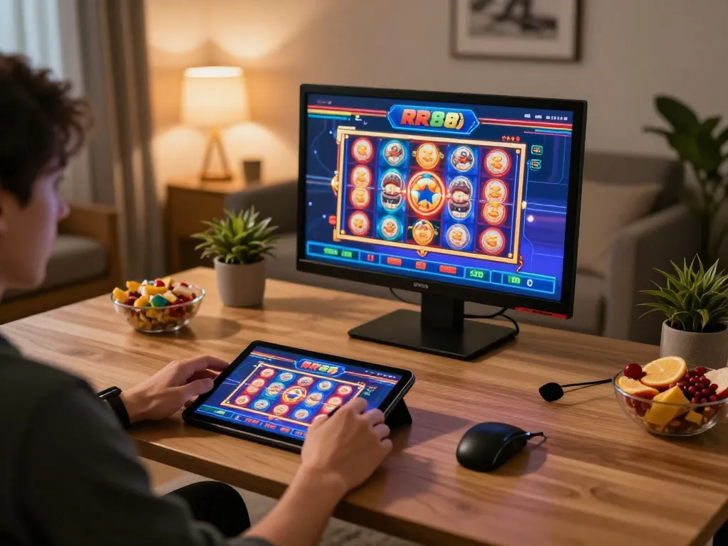 Player immersing in thrilling RR88 slot games on tablet with inviting home setup