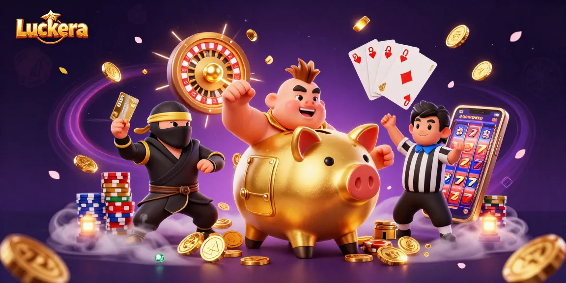 Experience the excitement of Luckera with a dynamic 3D illustration of a sumo wrestler piggy bank amidst flying coins and cards.