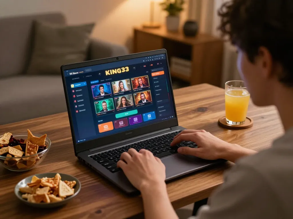 Play at king33 online casino with engaging gaming interface on laptop, cozy home atmosphere