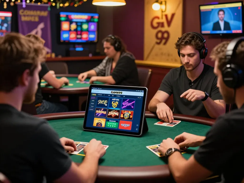 Online gaming excitement at GAVN99, featuring diverse players engaging in interactive sessions, showcasing sports, poker, and casino games.