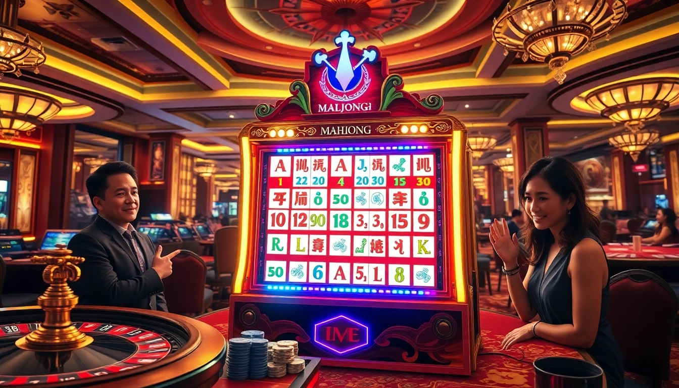 Play Slot Mahjong at an elegant casino filled with vibrant slot machines and excited players.