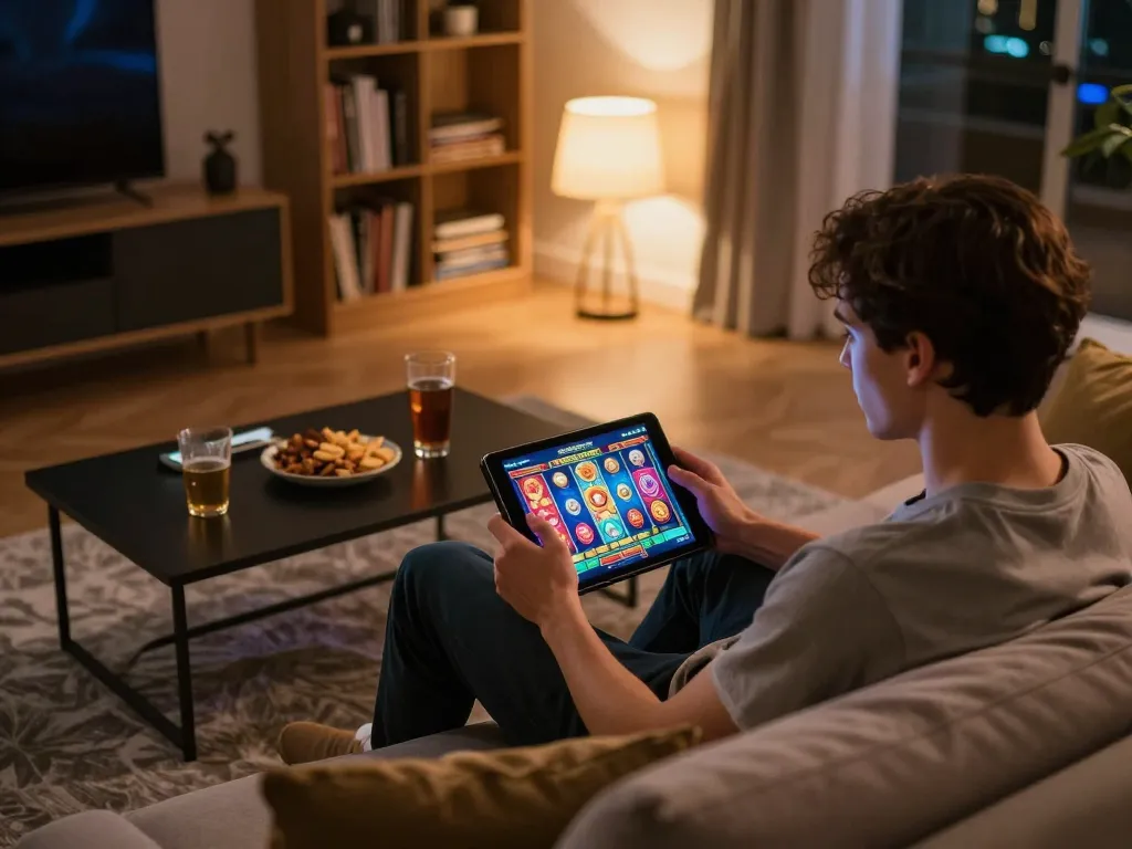 Engaging moment featuring a player enjoying Wild Sultan online slots in a cozy living room setup