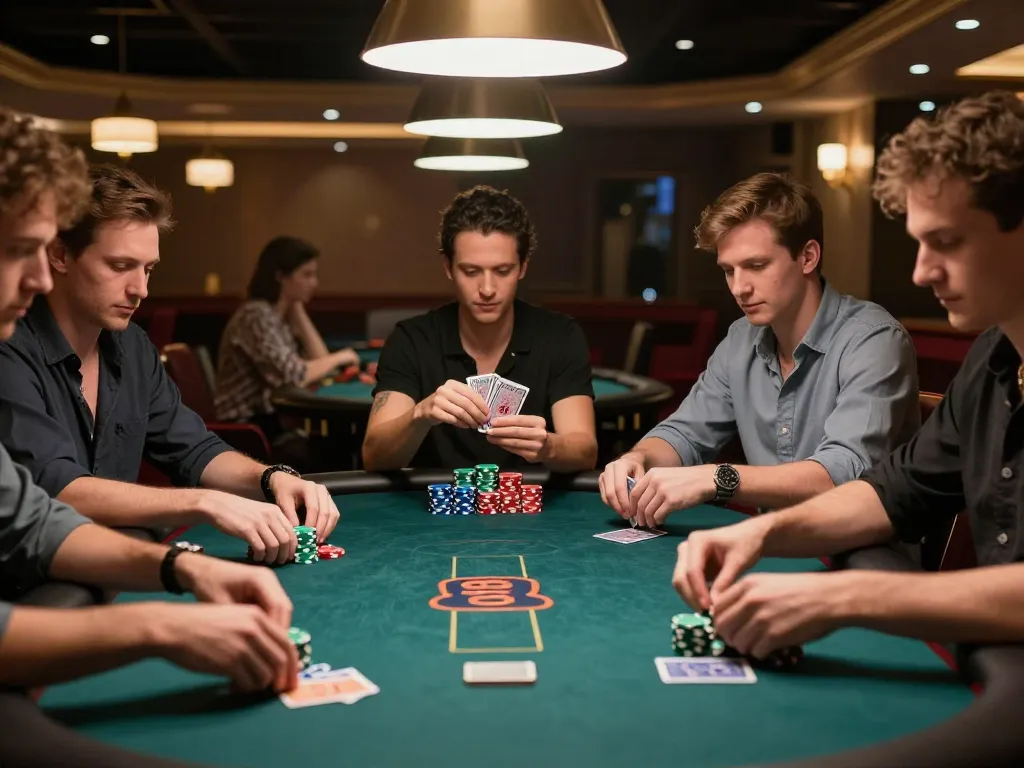 Exciting poker game scene at 99ok casino with focused players making strategic moves.