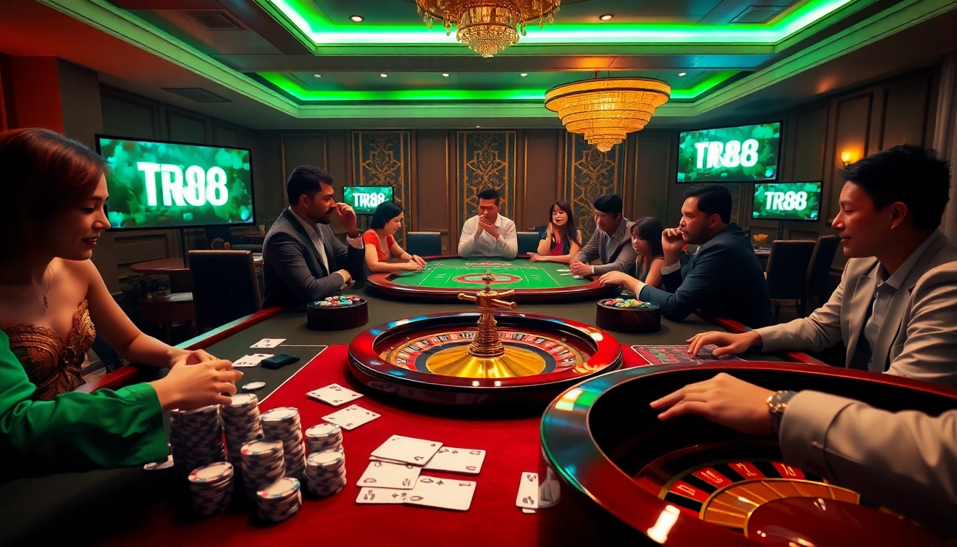 Excited gamblers playing at a luxurious casino table with TR88 logo elements.