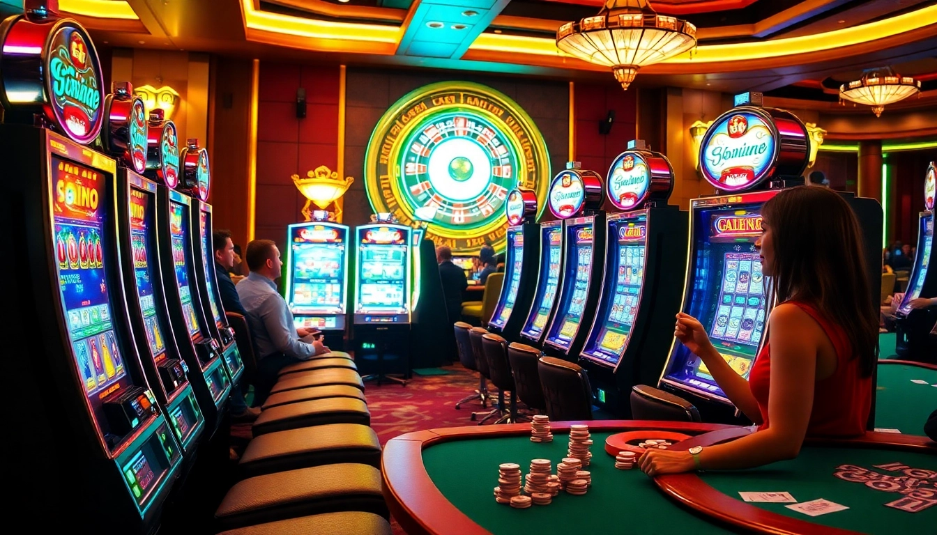 Engage with RTP Slot Live at a luxurious casino featuring vibrant slot machines and excited players.