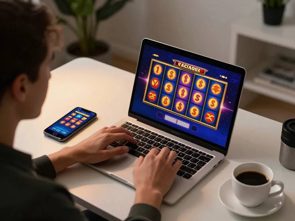 Engaging online casino gaming experience with vibrant slots displayed on a laptop screen.