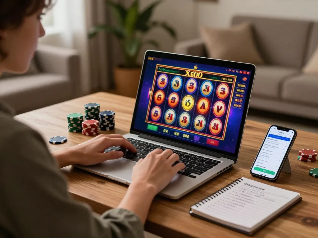 Engaging slot x500 gameplay on laptop at home with strategic notes and cozy ambiance.