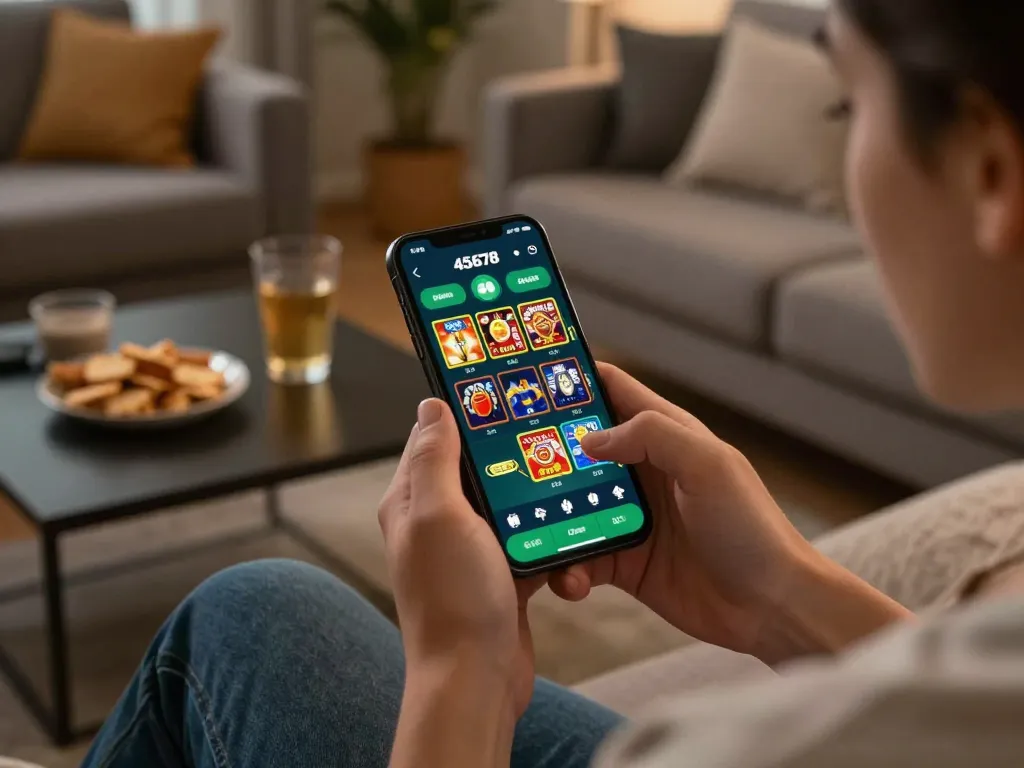 Experience the excitement of mobile betting with the 45678 app displayed on a smartphone in a cozy home setting.
