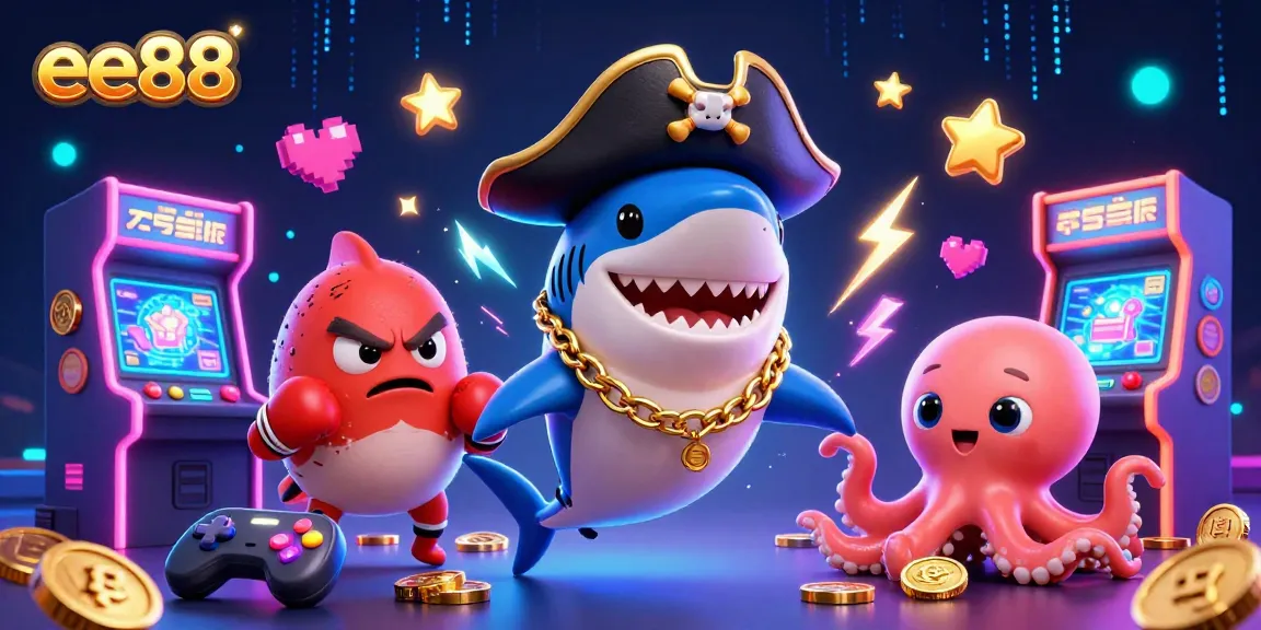 Engage with the vibrant casino world of ee88 featuring a joyful pirate shark, boxing pufferfish, and treasure-holding octopus.