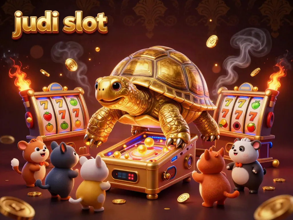 Gambar dinamis judi slot dengan kura-kura emas dan elemen slot yang menarik.