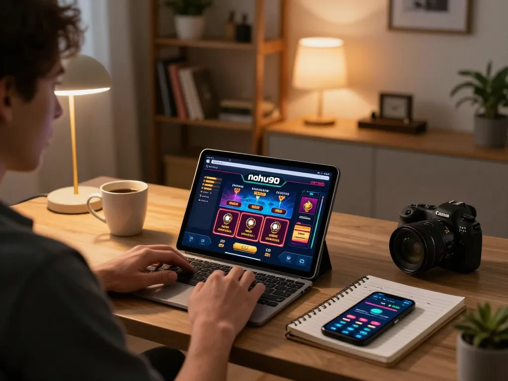Person engaging with the nohu90 online casino on a tablet within a cozy home setup, emphasizing strategic gaming.