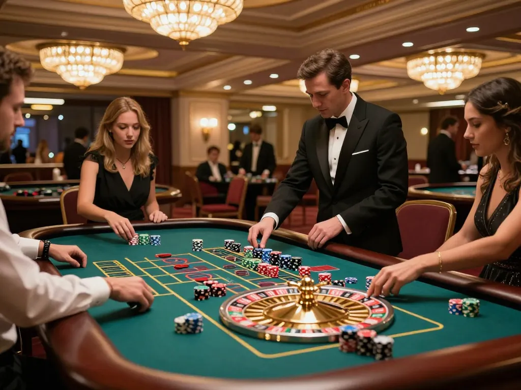 Experience the excitement at kp88's roulette table with vibrant chips and eager players.