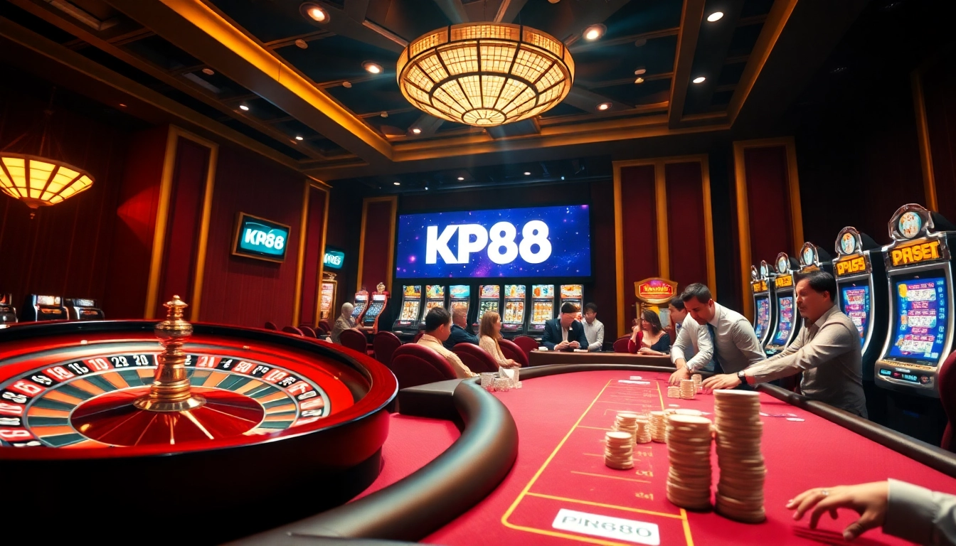 Players engaging in games at KP88 casino, with vibrant slot machines and poker tables.