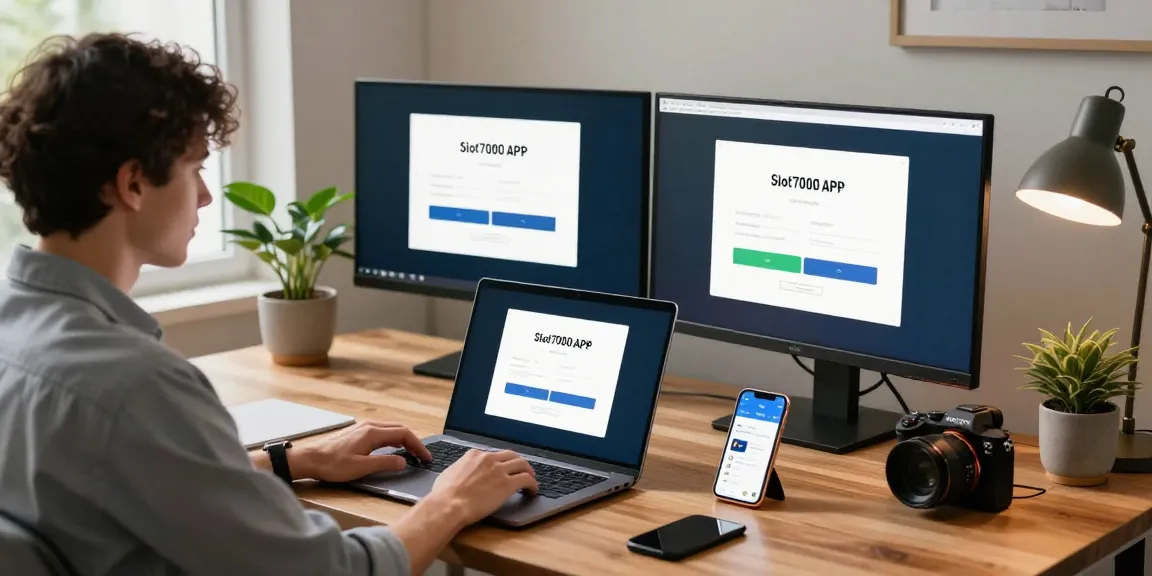 Young professional downloading Slot7000 APK on a sleek laptop.
