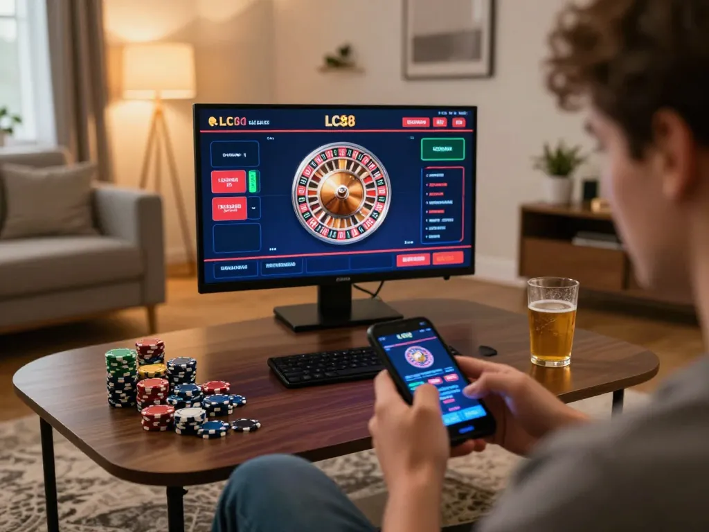 Accessing LC88 link for live roulette game on smartphone in a cozy living room setting