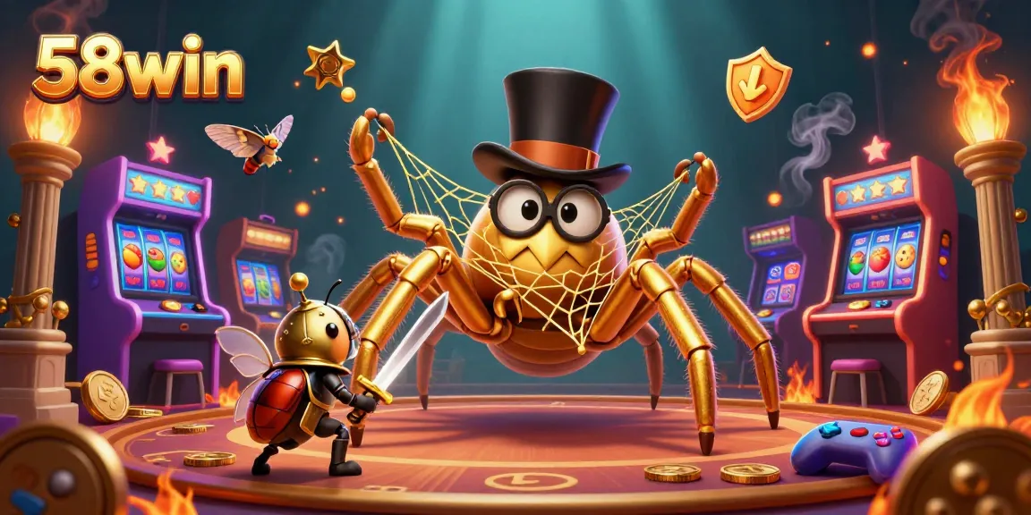 Join the excitement of 58win's casino with a golden tarantula and beetle knight in a vibrant game scene.