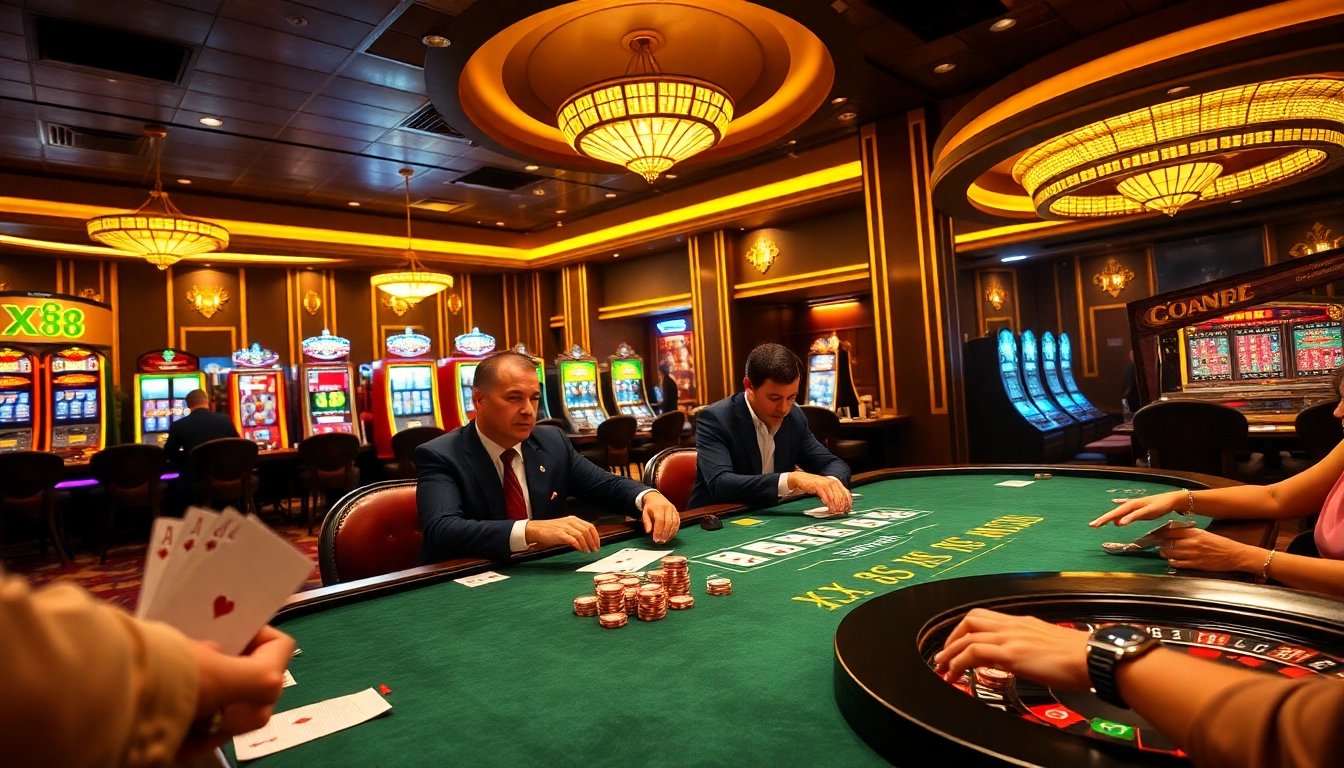 Thrilling poker game at XX 88 casino with players and vibrant roulette wheel.
