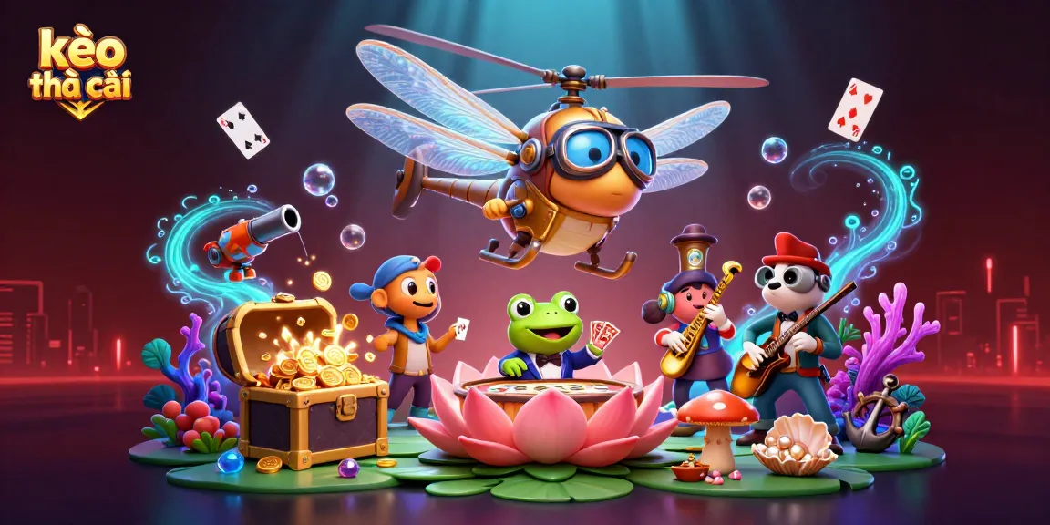 Experience the excitement of kèo nhà cái with our dragonfly pilot and frog croupier in a vibrant casino scene.
