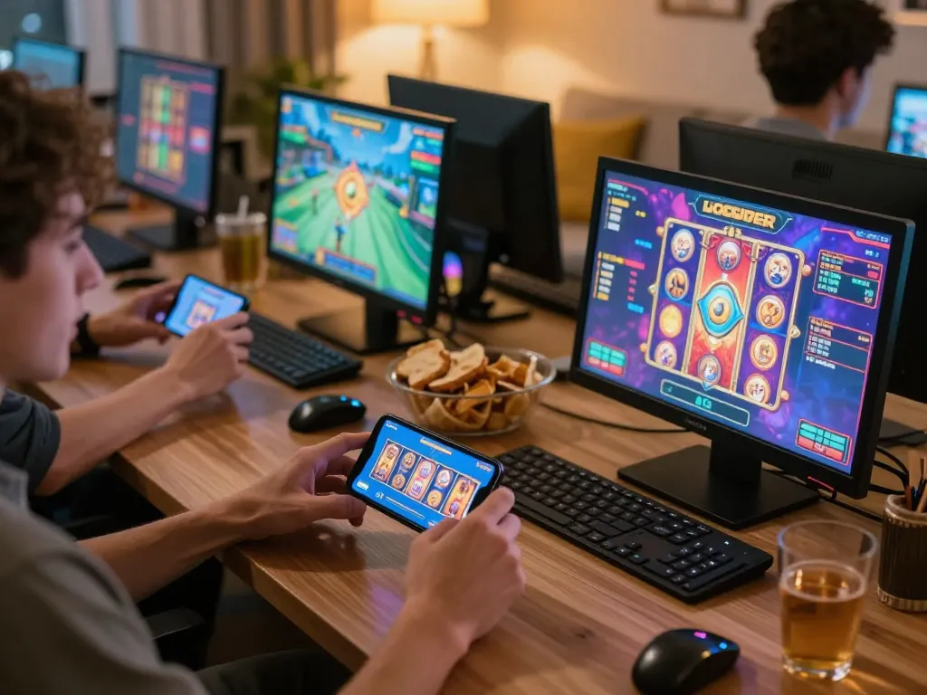 Players enjoying thrilling LGOSUPER slot games on their devices, immersed in online gambling.
