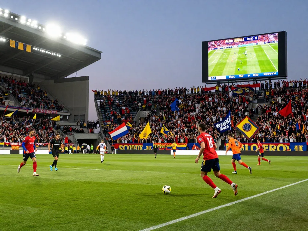 Exciting football match showing players in action during a "now goal" moment with passionate fans, vibrant stadium atmosphere.