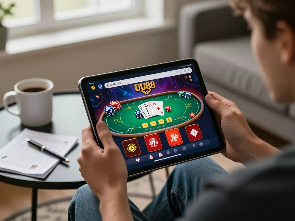 Engaging with UU88 casino interface on tablet in a cozy home gaming setup.