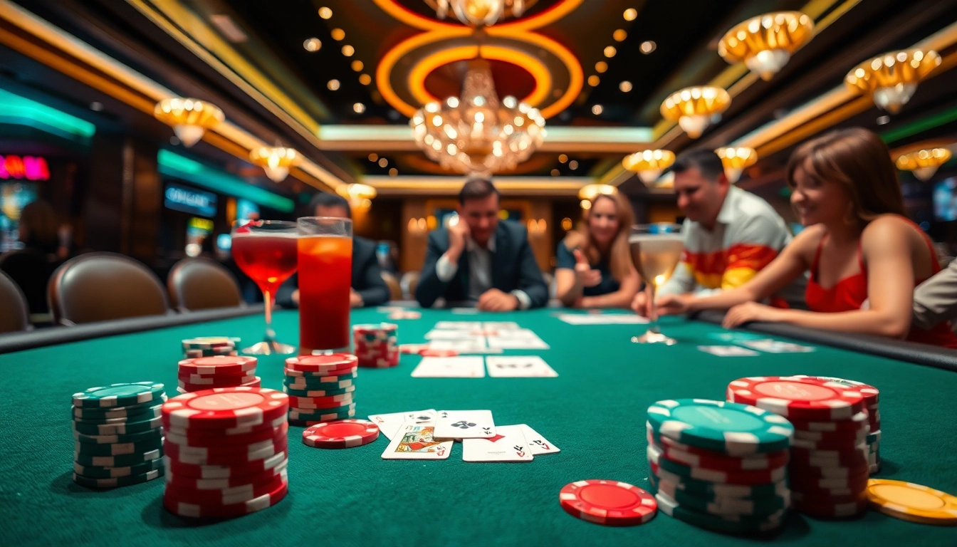 Permainan poker online di meja yang mewah dengan banyak chip dan kartu yang menarik.