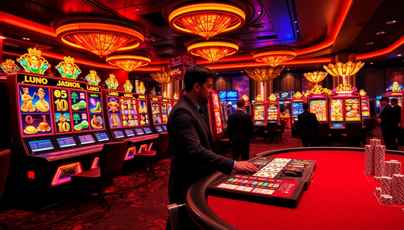 Player engaging with high RTP game nổ hũ slot machine showing vivid jackpot visuals in modern casino environment