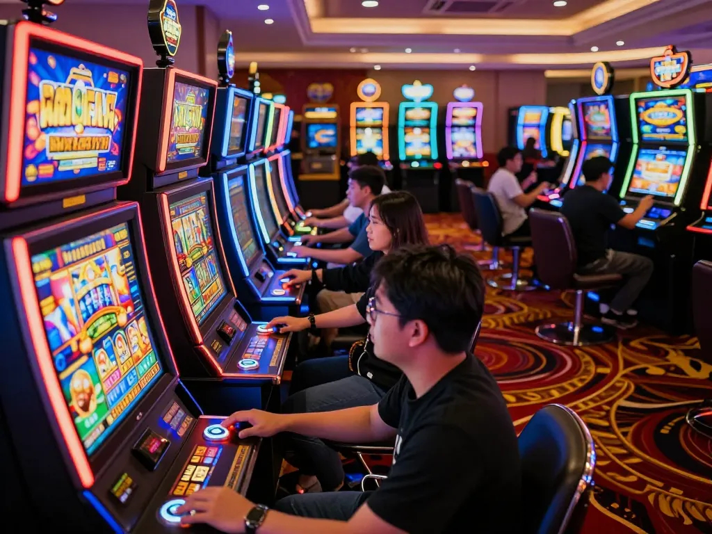 Engaged players enjoying slot gacor gameplay amid colorful slot machines.