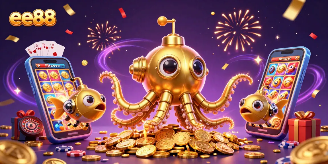 ee88 showcases an epic casino adventure with golden kraken submarine and vibrant game elements.