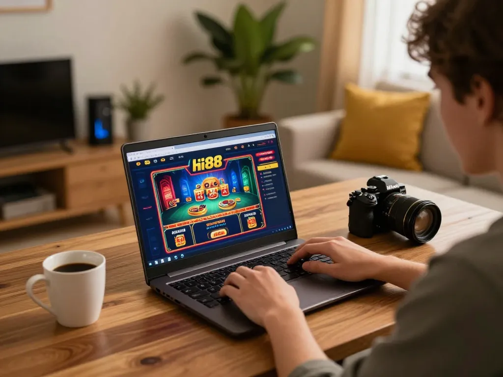 Enjoying a thrilling gaming session on hi88's online platform from the comfort of home