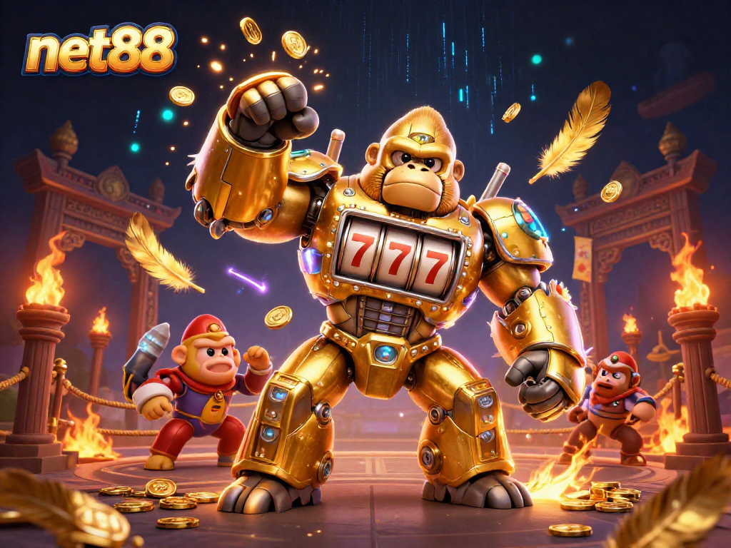 Experience thrilling gameplay at net88 with a golden gorilla mech taking center stage.