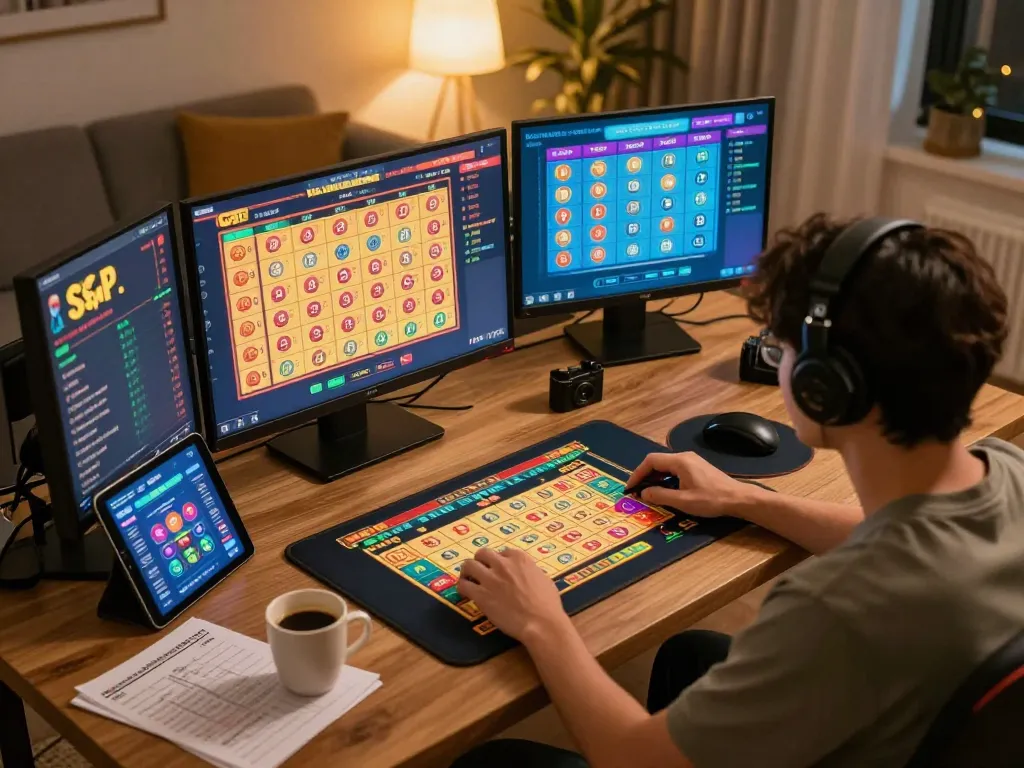Engaging gameplay displaying data sgp on multiple screens in a cozy home setup.