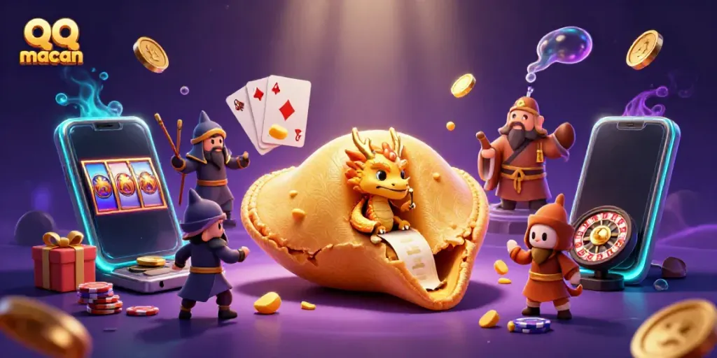Spin and win on qq macan with a lively casino scene featuring a golden fortune cookie and slot game.