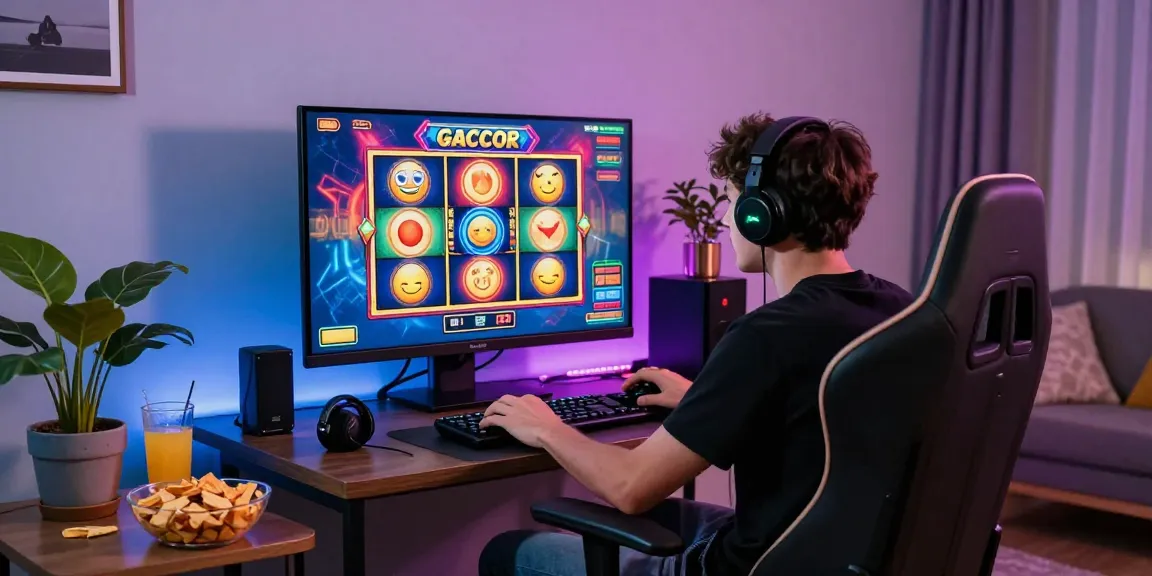 Excited player enjoying slot gacor game in a stylish living room with vibrant graphics and cozy atmosphere.