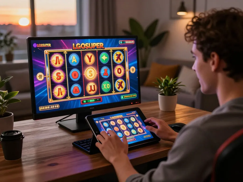 Engaging player enjoying LGOSUPER slot games on a tablet, showcasing vibrant graphics.