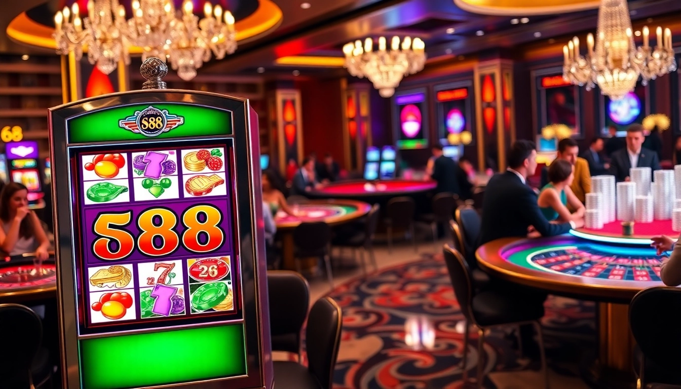 Excited players engaging with the Slot 888 casino experience featuring vibrant machines and games.
