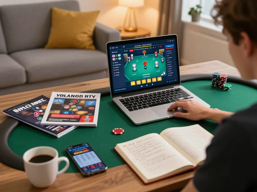 Person strategizing at home with SC88e poker game on laptop and notes for optimal gameplay.
