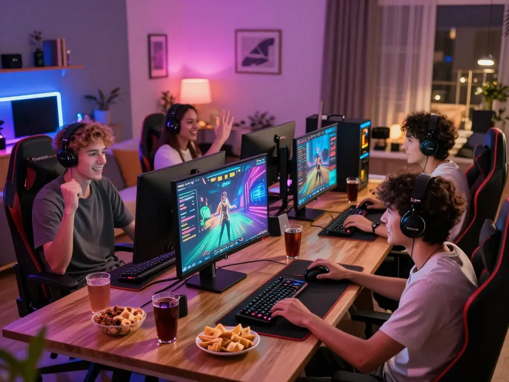 Rikvip players engaging in exciting online gaming experiences with vibrant visuals and snacks.