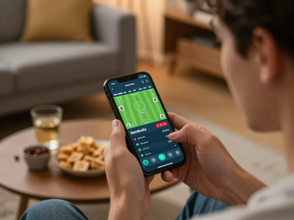Kèo nhà cái hôm nay featured as a person engages in strategic football betting on their smartphone app.