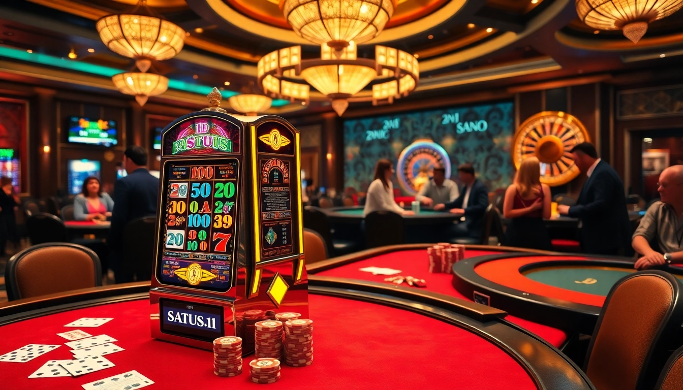 Engage with the exciting situs11 slot machine amidst a vibrant casino atmosphere filled with gaming elements.