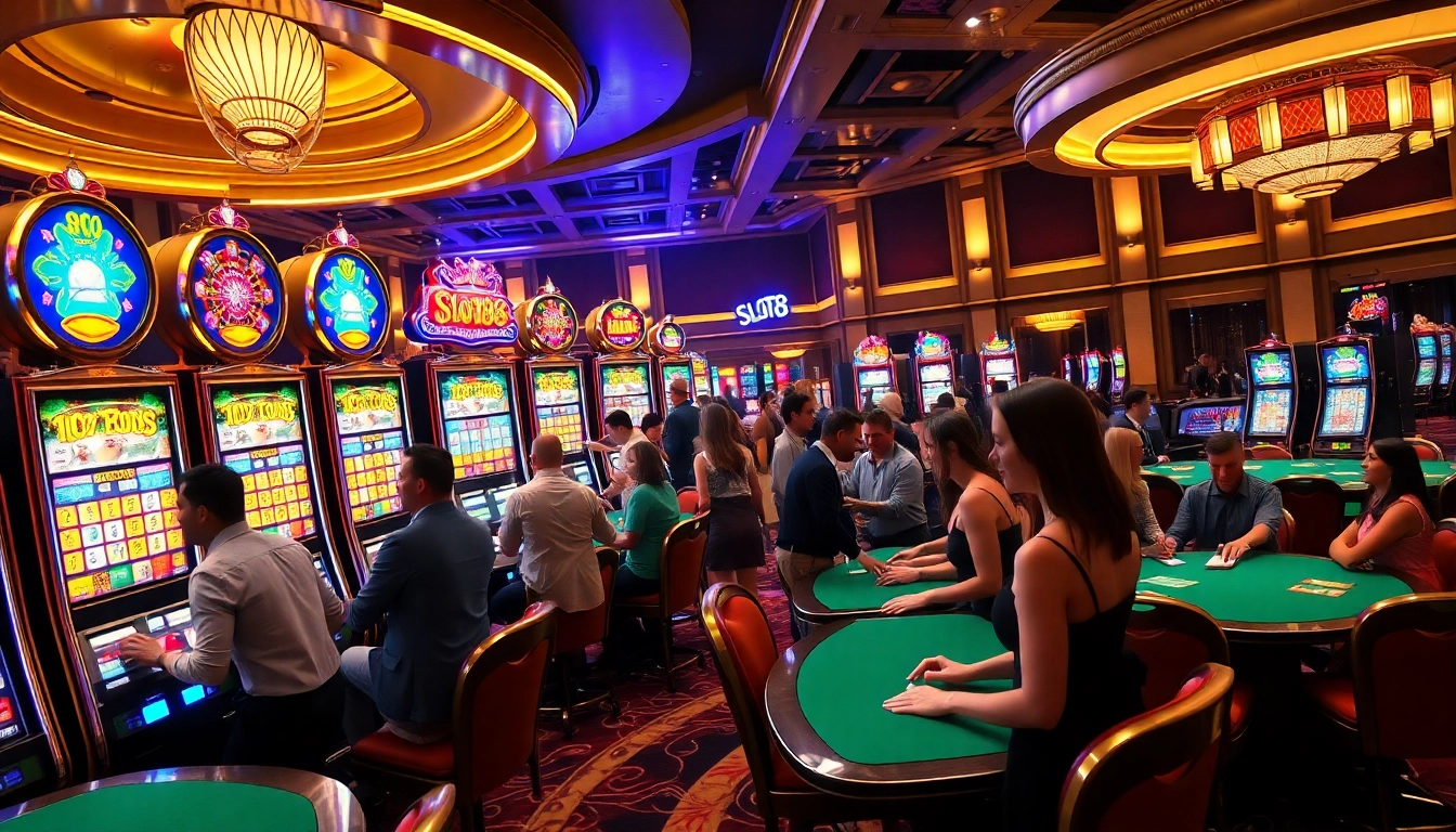 Pemain menikmati permainan kasino slot88 yang mendebarkan di tengah suasana yang hidup dan mewah.
