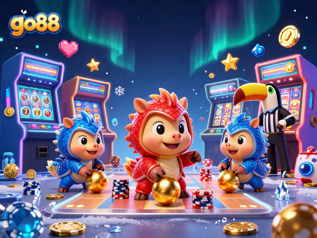 Experience the excitement of go88 as rival pangolins battle through glowing casino elements in a vibrant illustration.