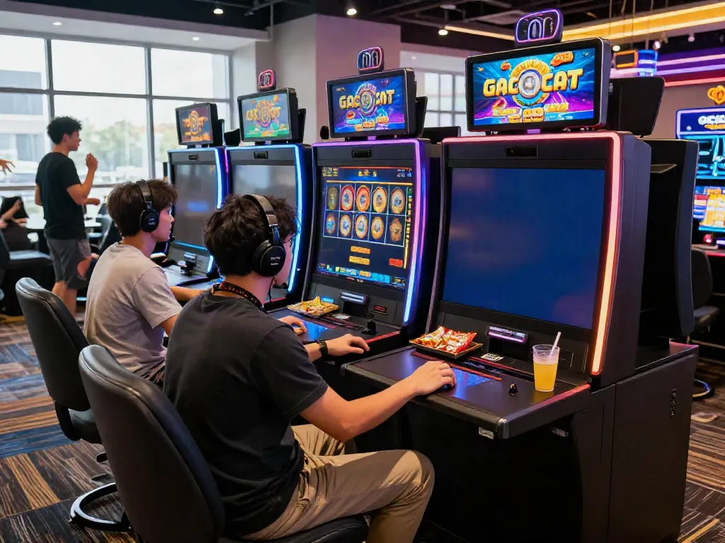 SLOT GACOR player engaging with vibrant online gaming screen in modern casino setup.