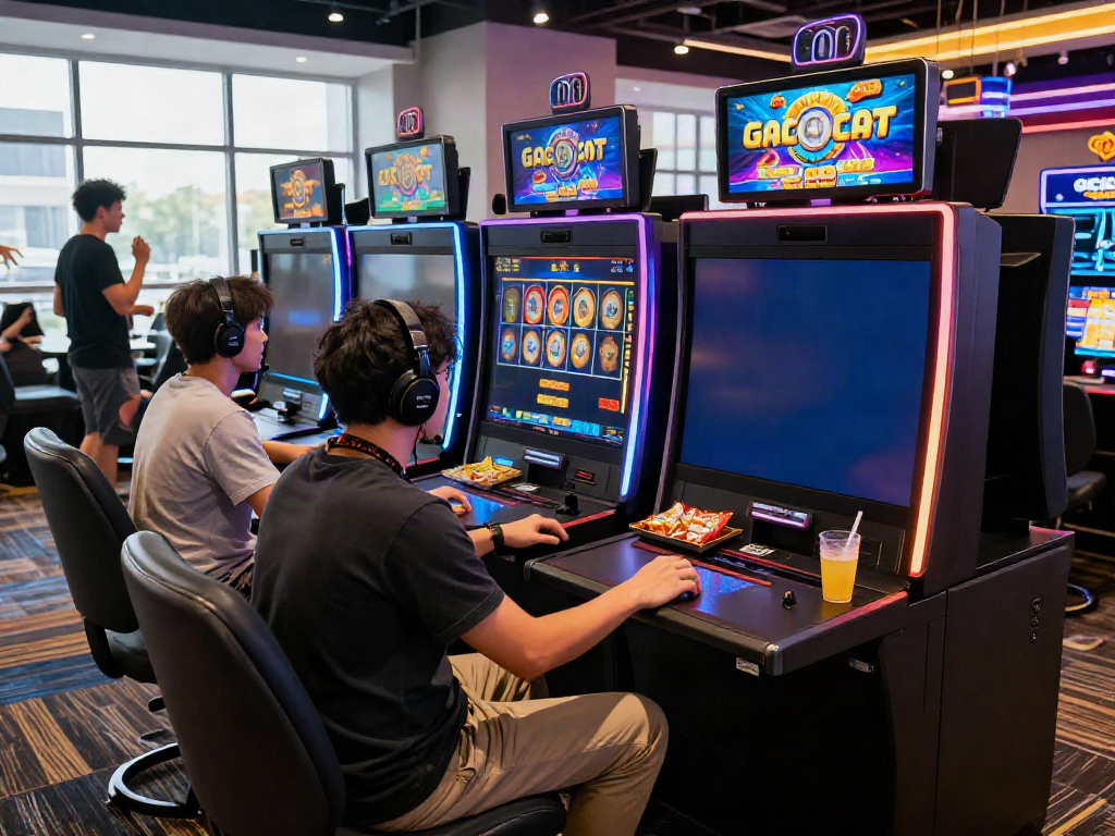 SLOT GACOR player engaging with vibrant online gaming screen in modern casino setup.
