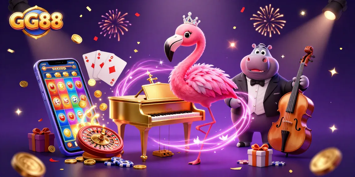 Engage in thrilling gameplay at GG88 with a dazzling casino scene featuring flamingo vocalist and hippo bassist.